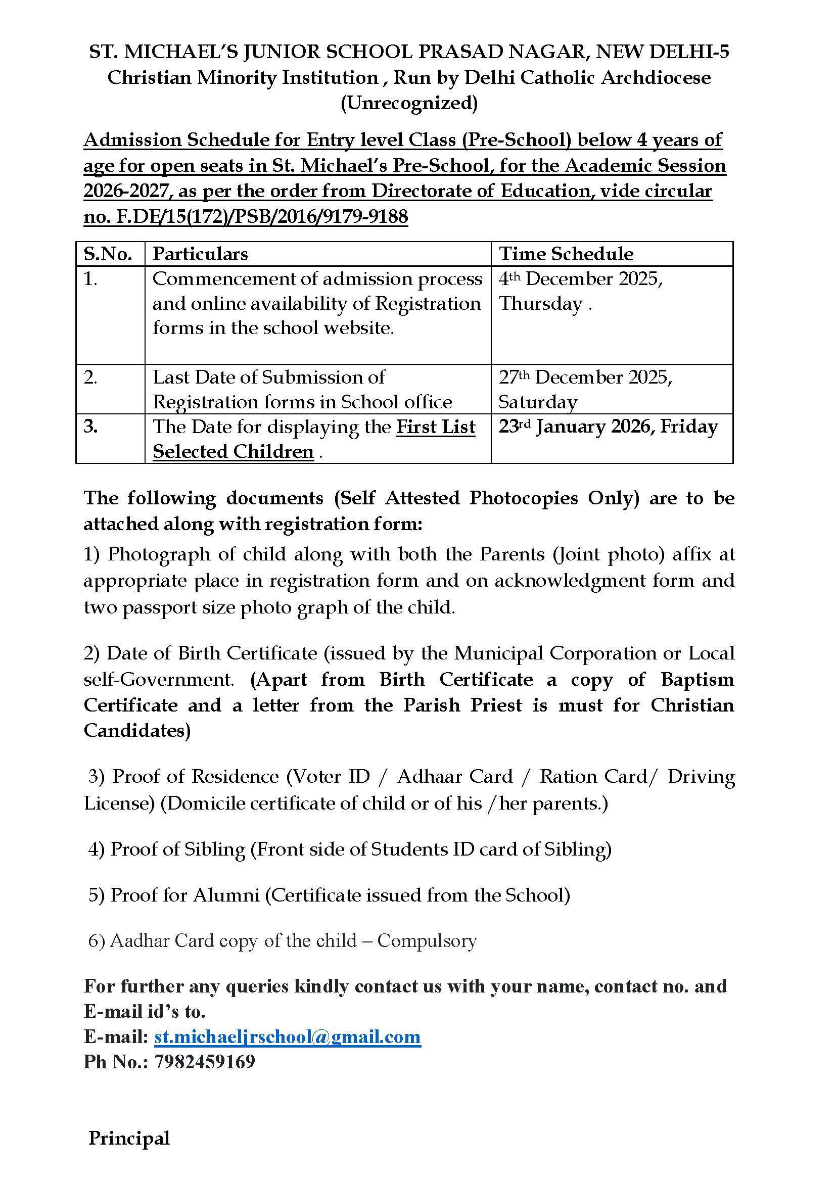 Admission Schedule for Entry level Class 2026-2027